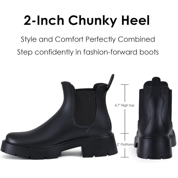 Women's Platform Black Waterproof Chelsea Double Elastic Ankle Rain Boots - Picture 3 of 7